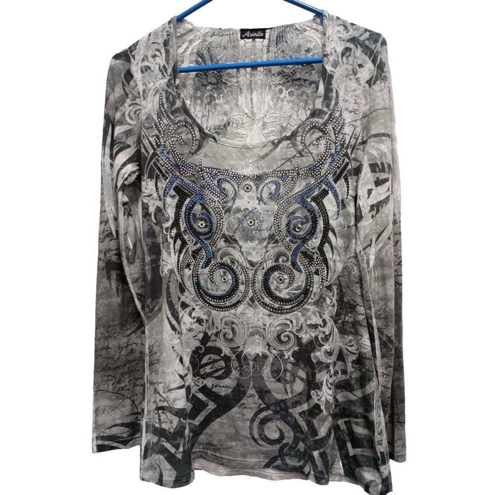 Ariella‎ Womens Tatoo Print Y2K Top Large Gray Paisley Rhinestone Long Sleeve